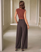 Pleated Wide Leg Trousers with Belt Loops and Deep Hem - Coffee