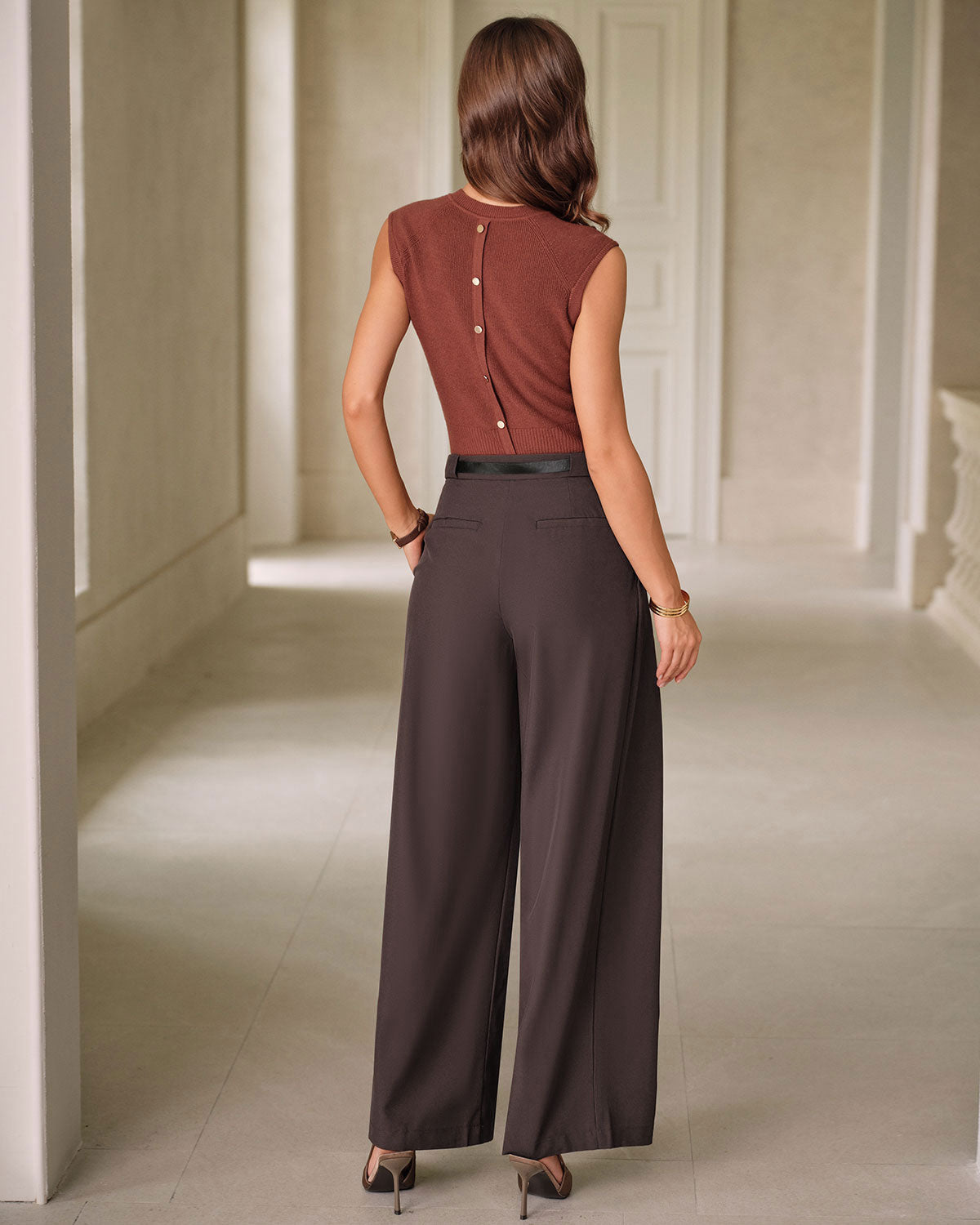Pleated Wide Leg Trousers with Belt Loops and Deep Hem - Coffee
