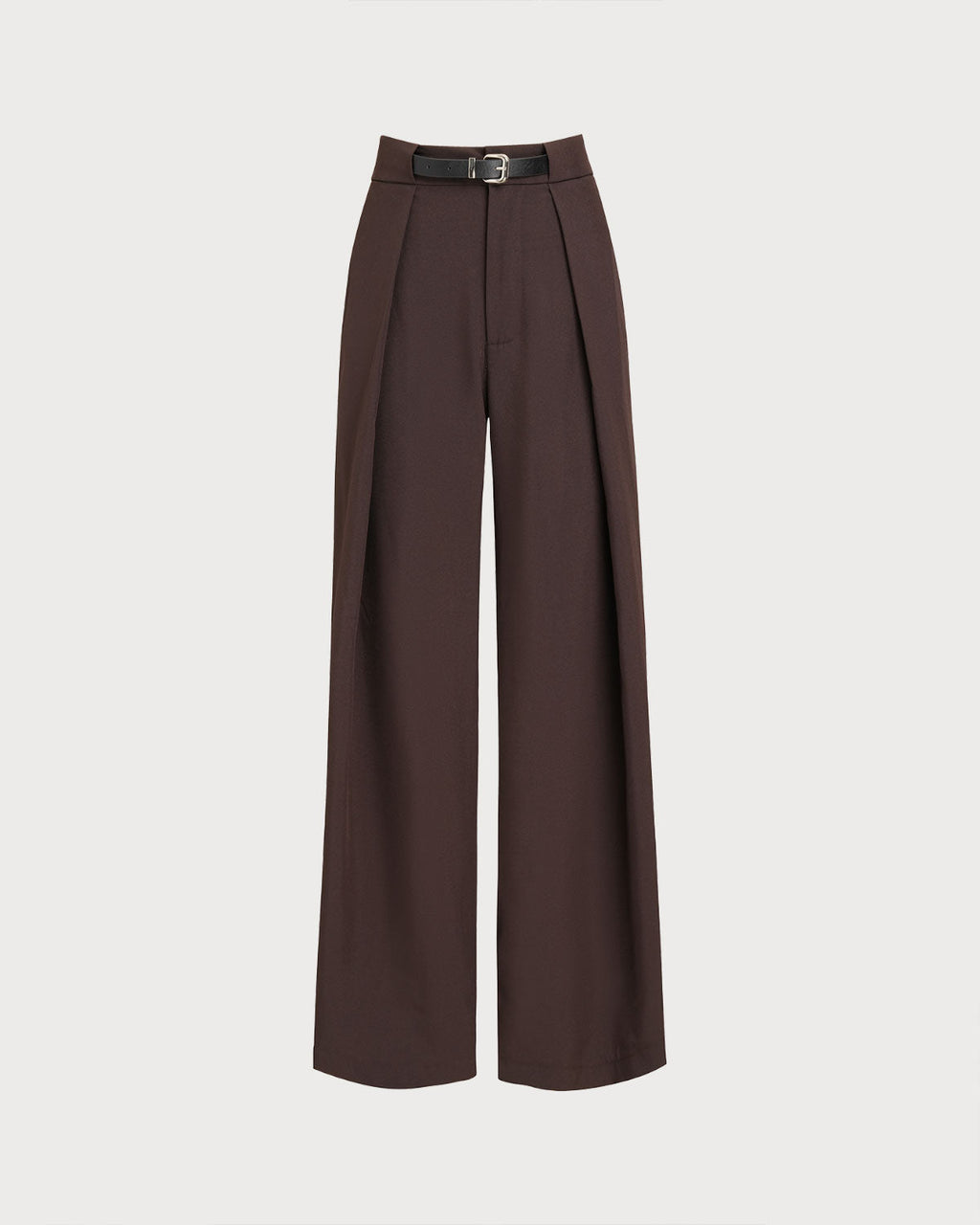 Pleated Wide Leg Trousers with Belt Loops and Deep Hem - Coffee