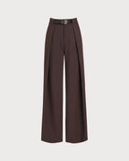 Pleated Wide Leg Trousers with Belt Loops and Deep Hem - Coffee