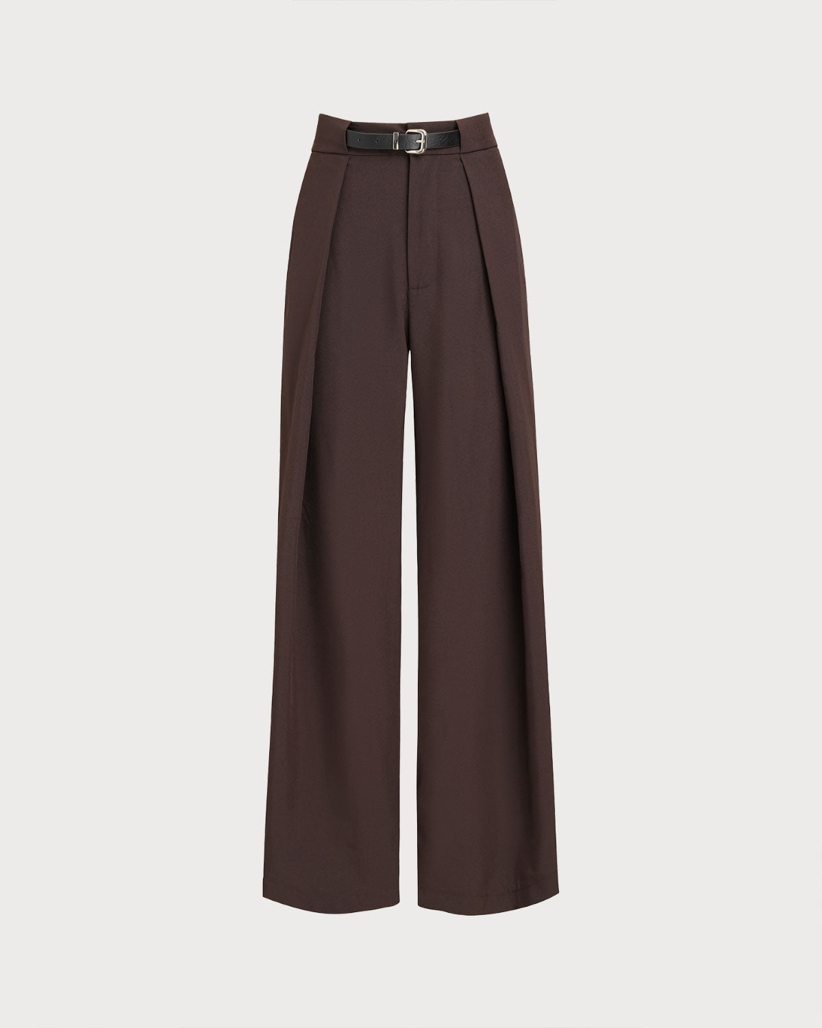 Pleated Wide Leg Trousers with Belt Loops and Deep Hem - Coffee