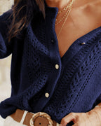 Pointelle Knit Cardigan with Round Neck and Gold Buttons - Blue