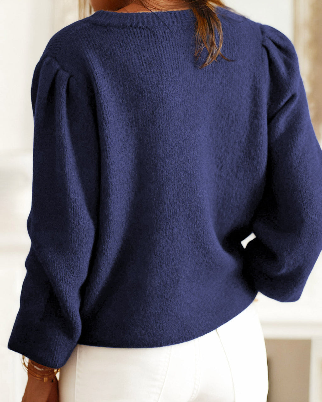 Pointelle Knit Cardigan with Round Neck and Gold Buttons - Blue