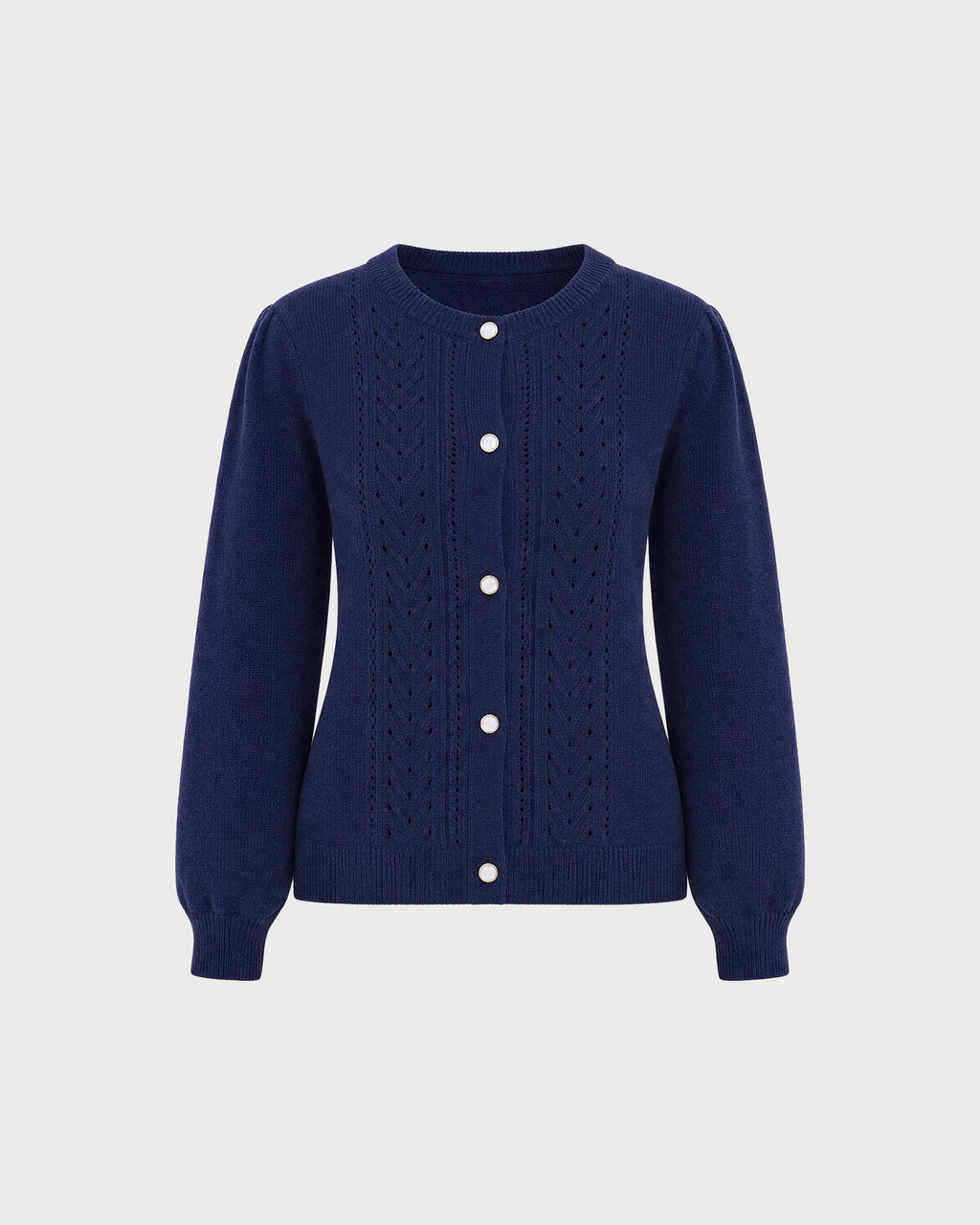 Pointelle Knit Cardigan with Round Neck and Gold Buttons - Blue
