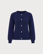Pointelle Knit Cardigan with Round Neck and Gold Buttons - Blue