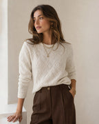 Pointelle Knit Jumper with Round Neck and Ribbed Cuffs - Apricot