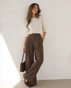 Pointelle Knit Jumper with Round Neck and Ribbed Cuffs - Apricot