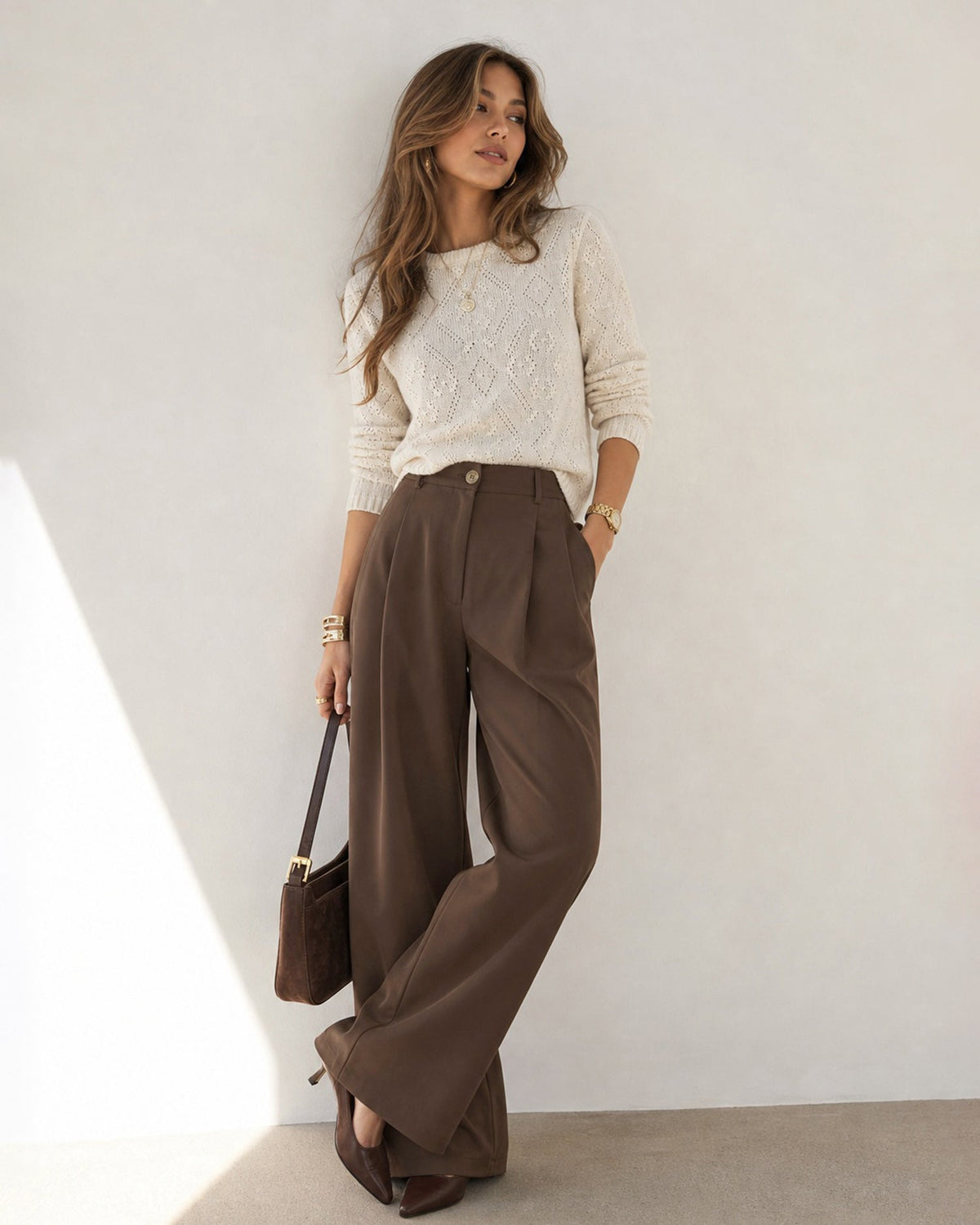 Pointelle Knit Jumper with Round Neck and Ribbed Cuffs - Apricot