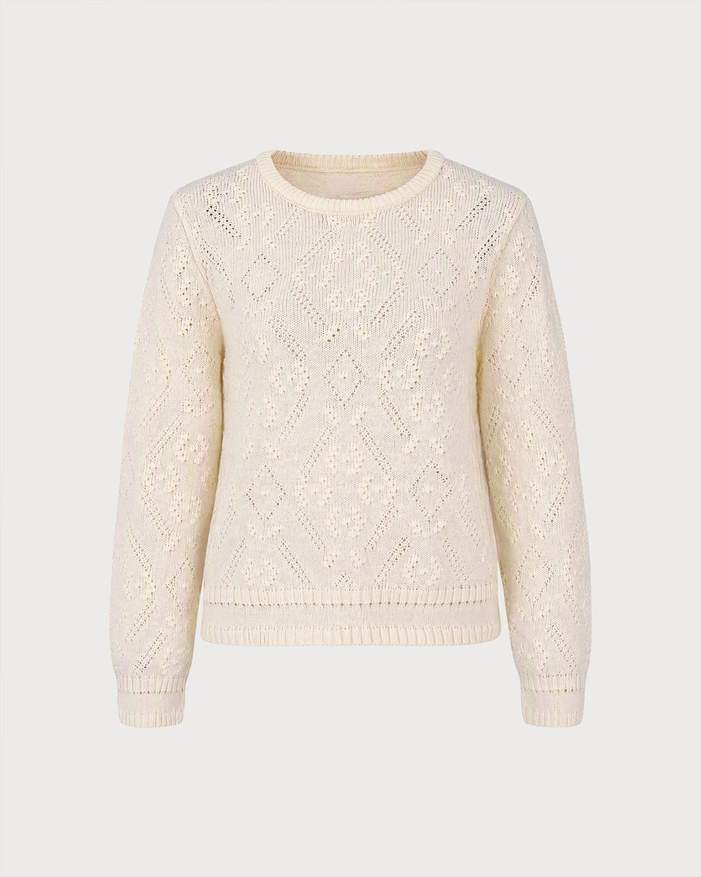 Pointelle Knit Jumper with Round Neck and Ribbed Cuffs - Apricot
