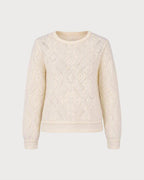 Pointelle Knit Jumper with Round Neck and Ribbed Cuffs - Apricot