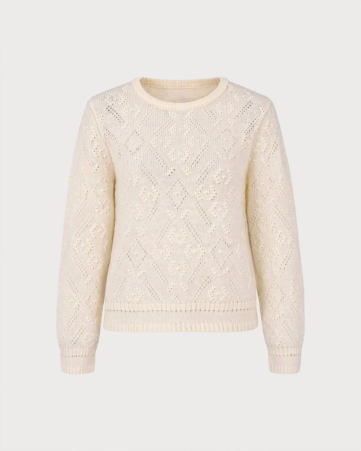 Pointelle Knit Jumper with Round Neck and Ribbed Cuffs - Apricot