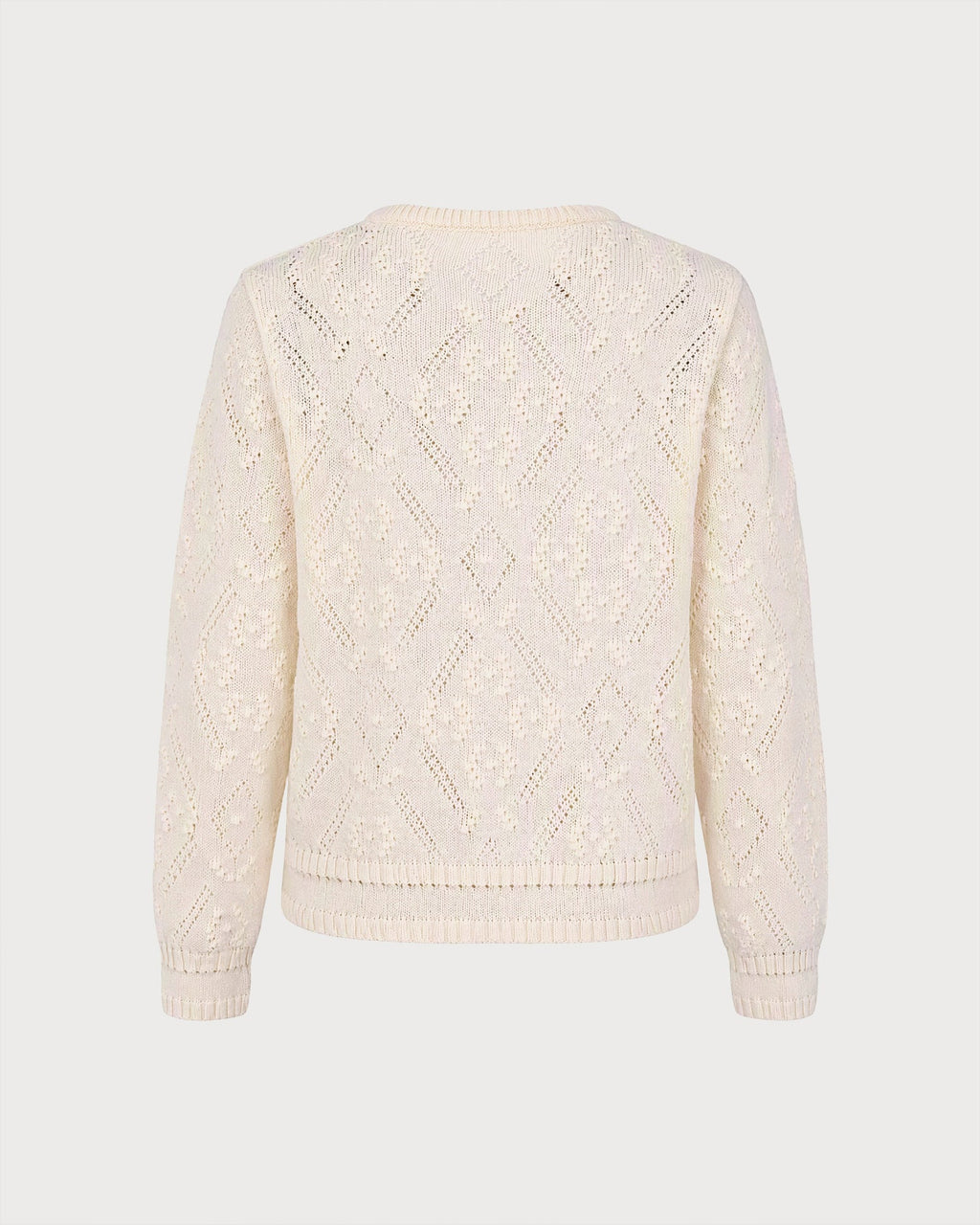 Pointelle Knit Jumper with Round Neck and Ribbed Cuffs - Apricot