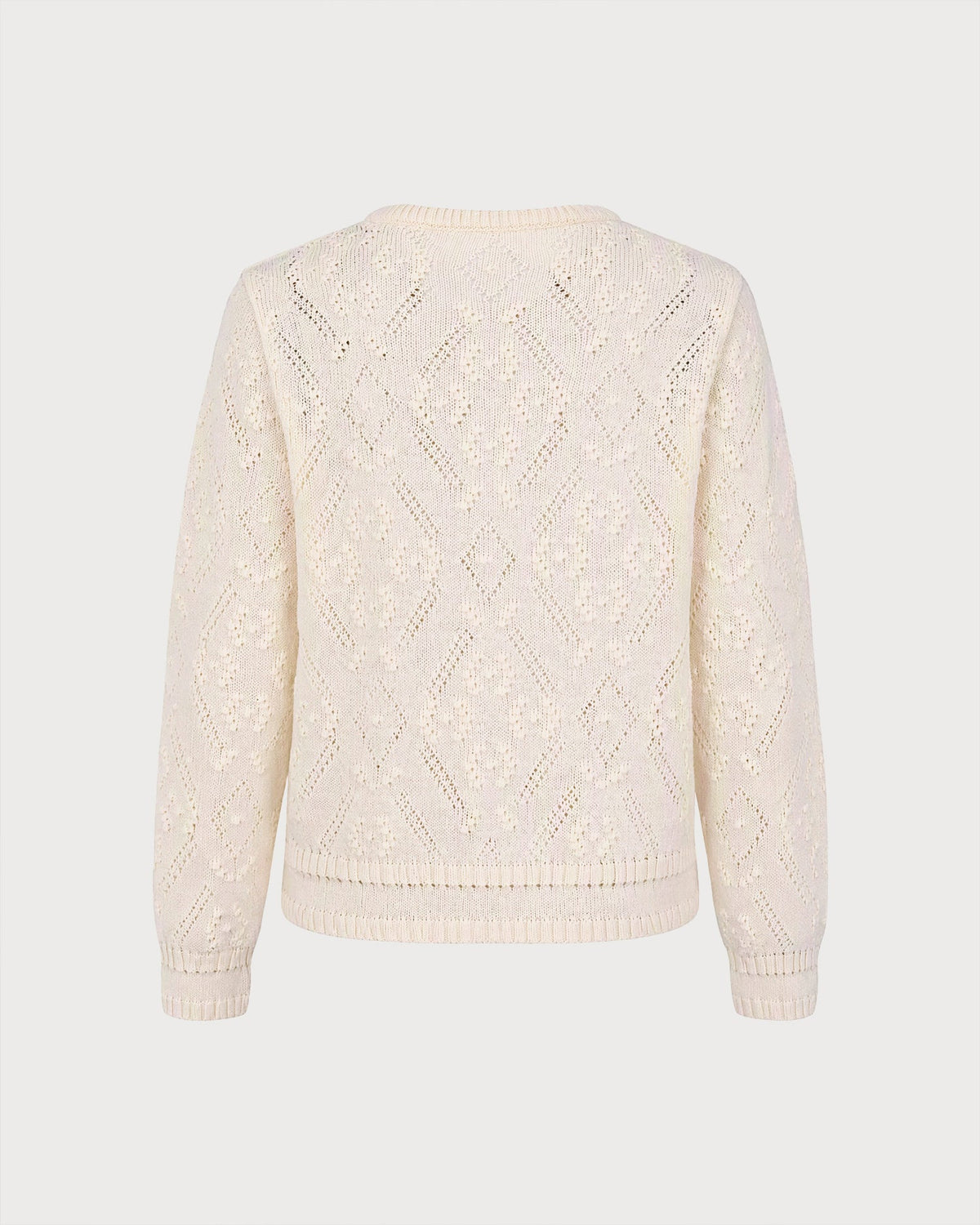 Pointelle Knit Jumper with Round Neck and Ribbed Cuffs - Apricot