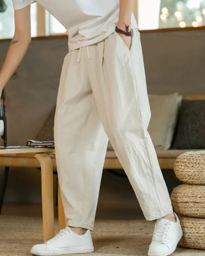 Relaxed Drawstring Trousers with Tapered Leg, Lightweight - Beige