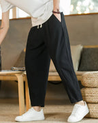 Relaxed Drawstring Trousers with Tapered Leg, Lightweight - Black