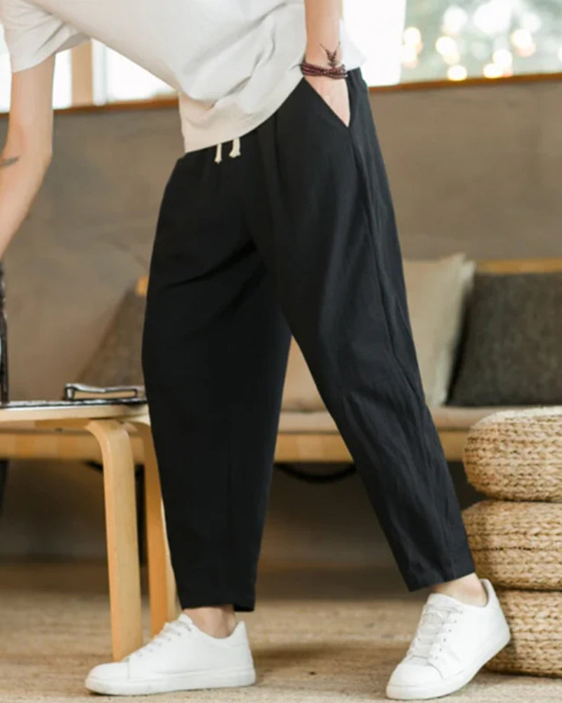 Relaxed Drawstring Trousers with Tapered Leg, Lightweight - Black