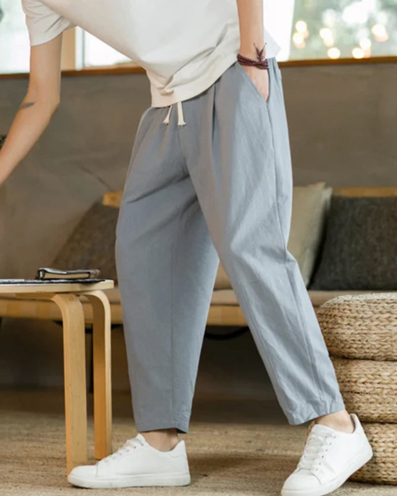 Relaxed Drawstring Trousers with Tapered Leg, Lightweight - Light Grey
