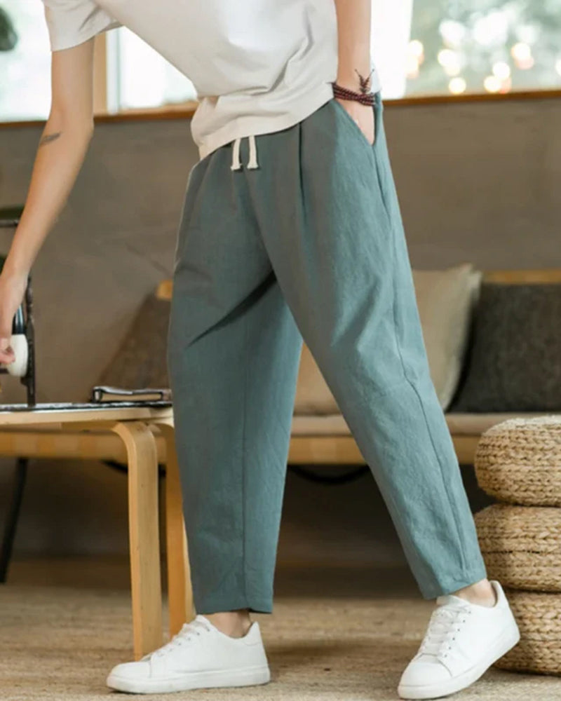 Relaxed Drawstring Trousers with Tapered Leg, Lightweight - Green