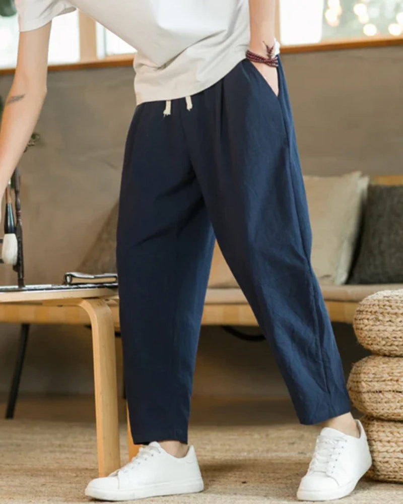 Relaxed Drawstring Trousers with Tapered Leg, Lightweight - Marine Blue