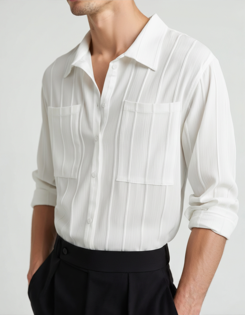 Ribbed Camp Collar Shirt with Long Sleeves and Button Front - White