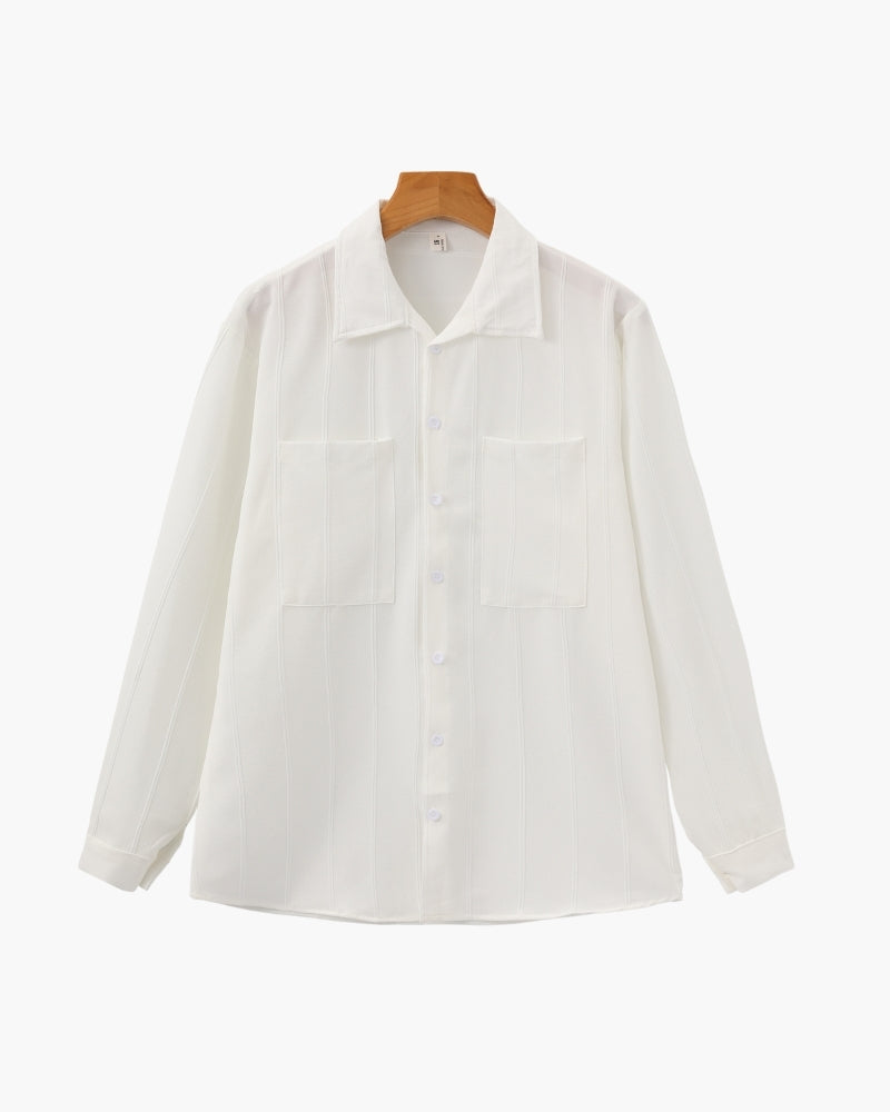 Ribbed Camp Collar Shirt with Long Sleeves and Button Front