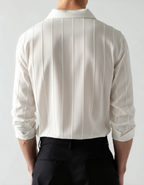 Ribbed Camp Collar Shirt with Long Sleeves and Button Front