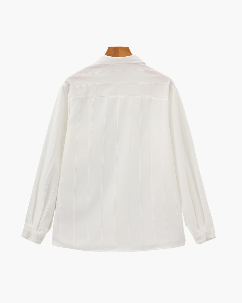 Ribbed Camp Collar Shirt with Long Sleeves and Button Front