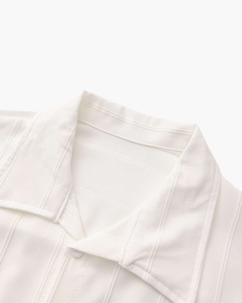 Ribbed Camp Collar Shirt with Long Sleeves and Button Front