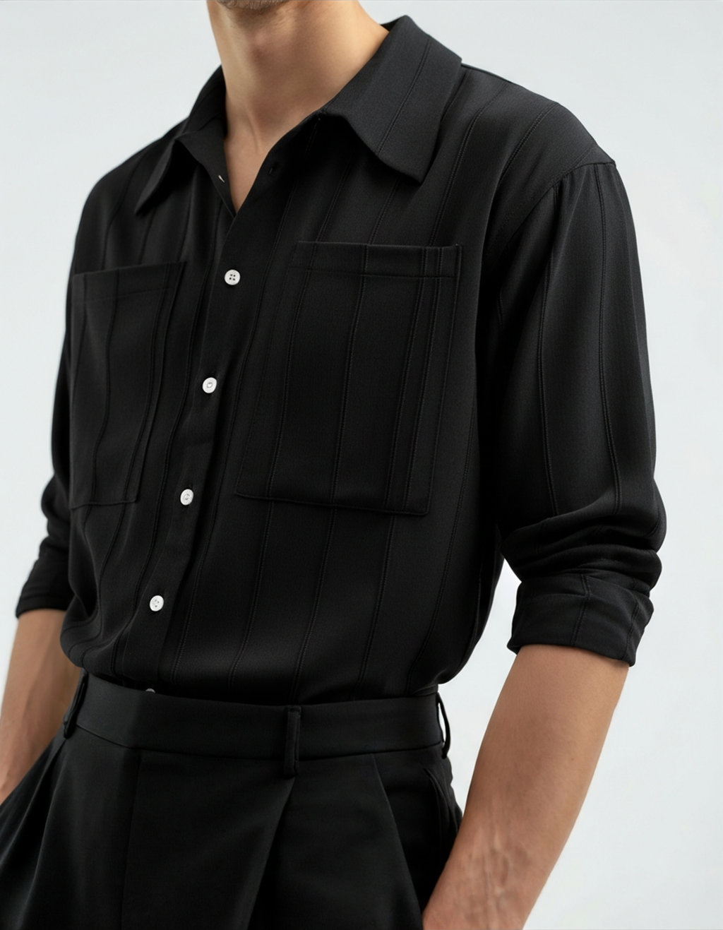Ribbed Camp Collar Shirt with Long Sleeves and Button Front - Black