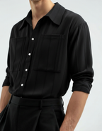 Ribbed Camp Collar Shirt with Long Sleeves and Button Front - Black