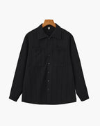 Ribbed Camp Collar Shirt with Long Sleeves and Button Front - Black