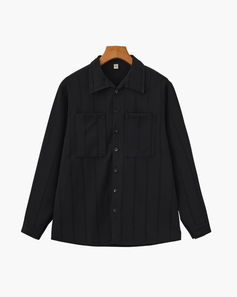 Ribbed Camp Collar Shirt with Long Sleeves and Button Front - Black