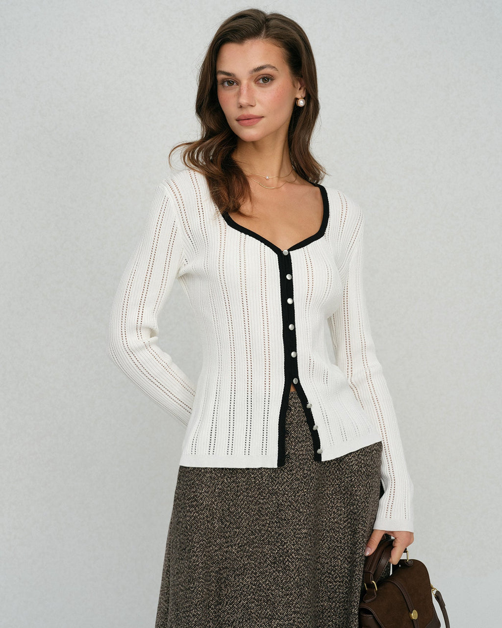 Ribbed Cardigan with Contrast Edge and Square Neckline - White
