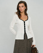 Ribbed Cardigan with Contrast Edge and Square Neckline - White