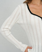 Ribbed Cardigan with Contrast Edge and Square Neckline - White