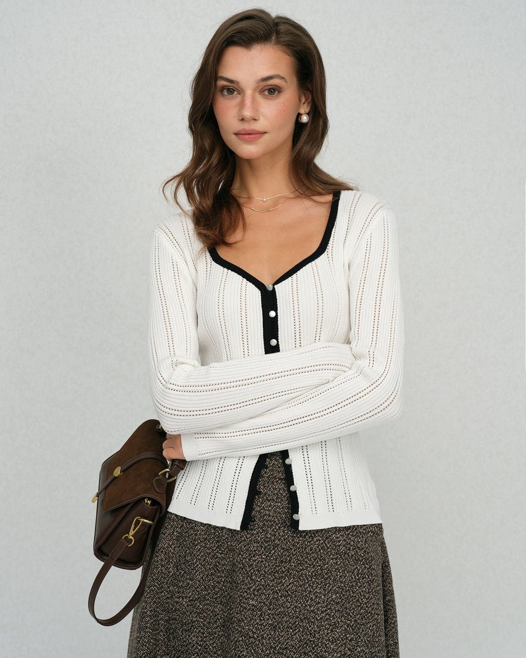 Ribbed Cardigan with Contrast Edge and Square Neckline - White