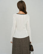 Ribbed Cardigan with Contrast Edge and Square Neckline - White