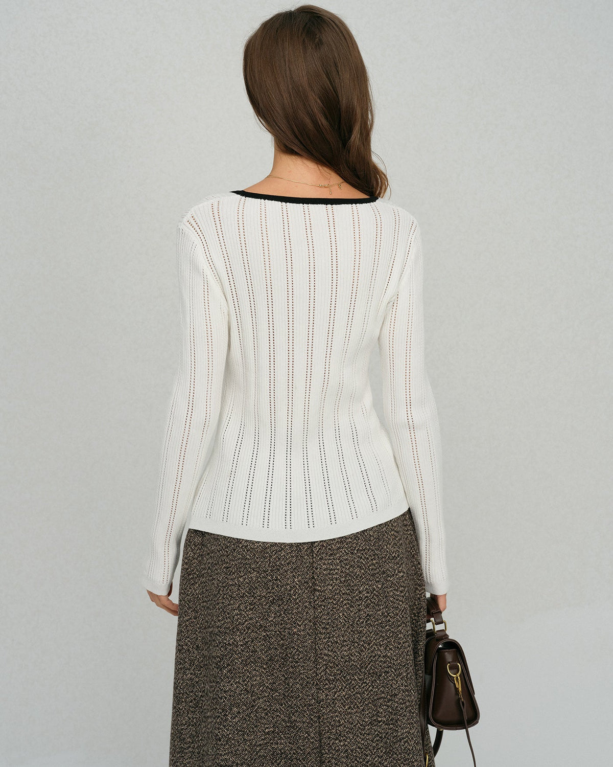 Ribbed Cardigan with Contrast Edge and Square Neckline - White