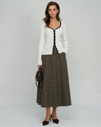 Ribbed Cardigan with Contrast Edge and Square Neckline - White