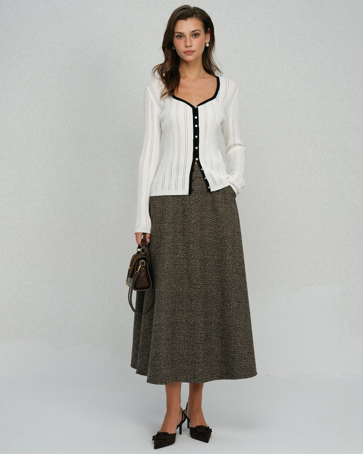 Ribbed Cardigan with Contrast Edge and Square Neckline - White
