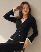 Ribbed Cardigan with Contrast Trim and Flared Cuffs - Black