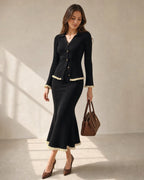 Ribbed Cardigan with Contrast Trim and Flared Cuffs - Black