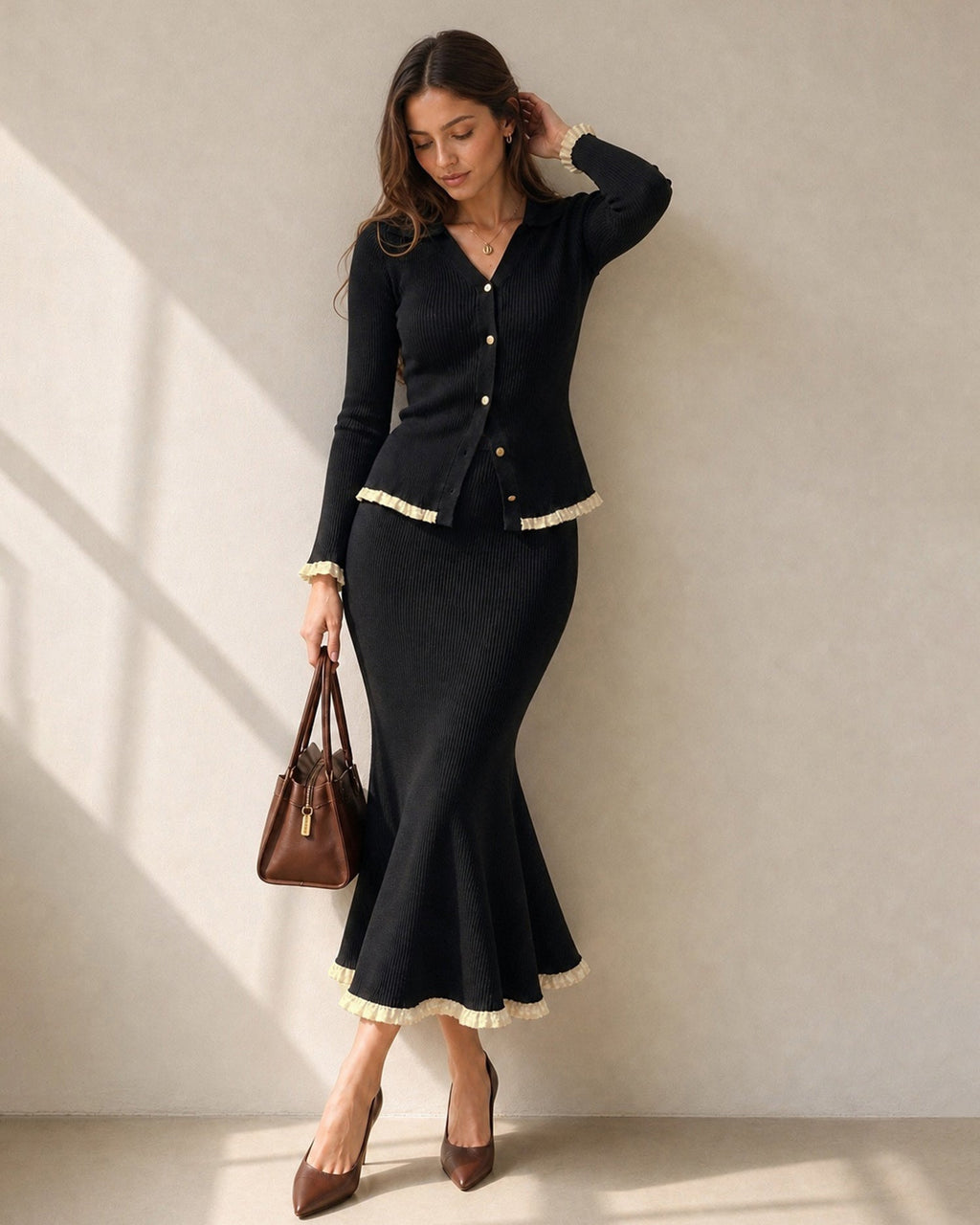Ribbed Cardigan with Contrast Trim and Flared Cuffs - Black