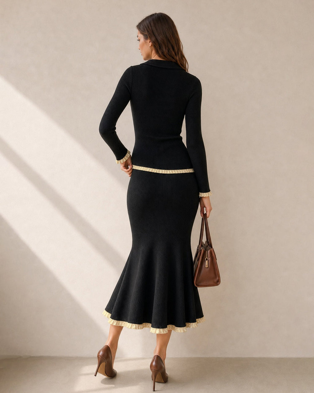 Ribbed Cardigan with Contrast Trim and Flared Cuffs - Black