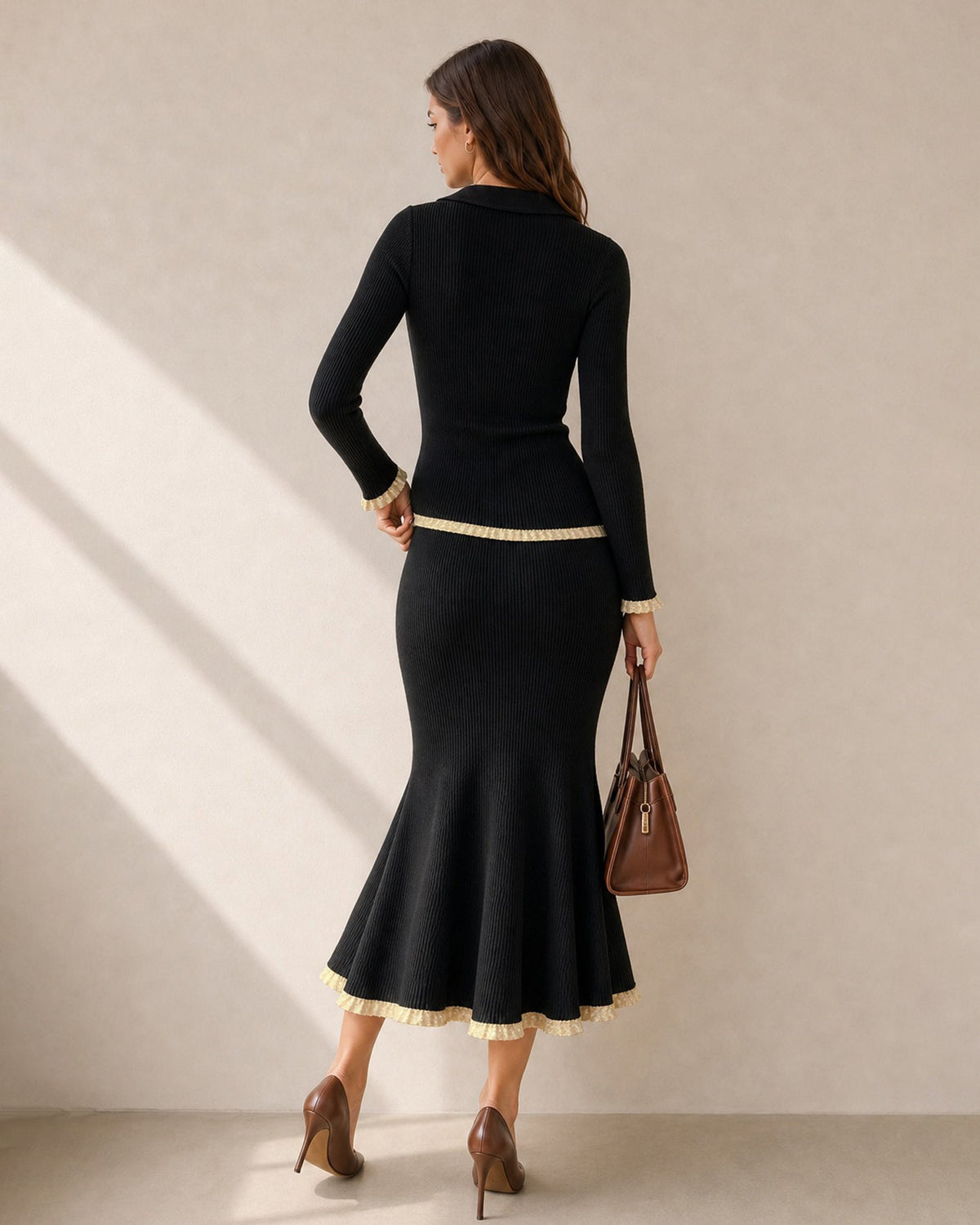 Ribbed Cardigan with Contrast Trim and Flared Cuffs - Black
