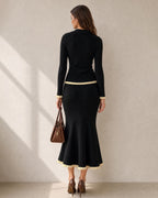 Ribbed Cardigan with Contrast Trim and Flared Cuffs - Black