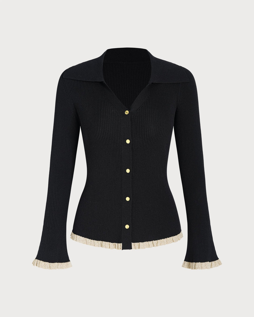 Ribbed Cardigan with Contrast Trim and Flared Cuffs - Black