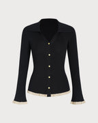 Ribbed Cardigan with Contrast Trim and Flared Cuffs - Black