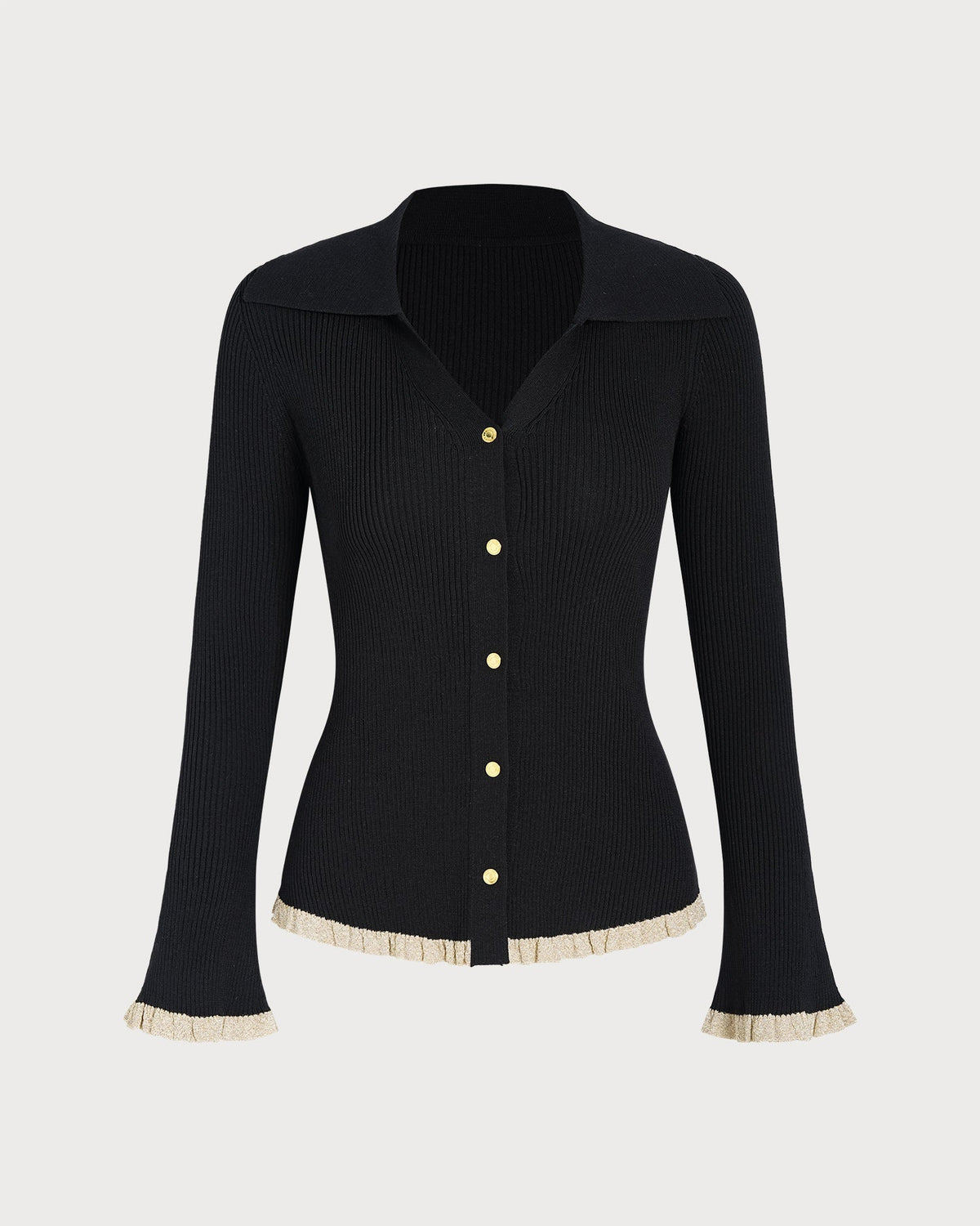 Ribbed Cardigan with Contrast Trim and Flared Cuffs - Black