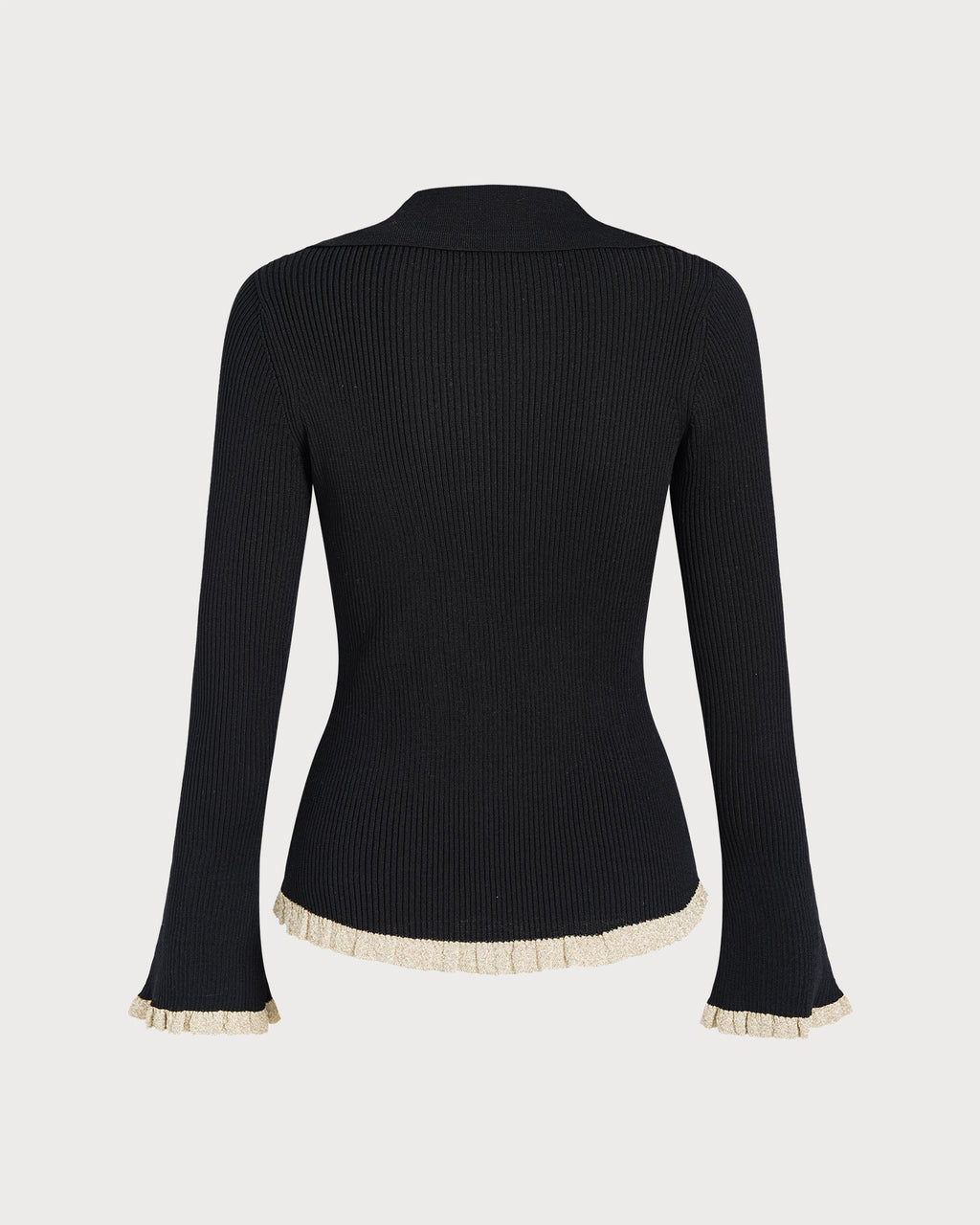 Ribbed Cardigan with Contrast Trim and Flared Cuffs - Black